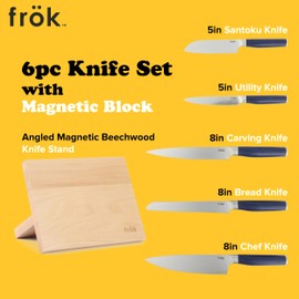 Frok 6 Piece German Steel Knife Set W/Magnetic Block - Blue