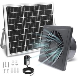 Solar Exhaust Fan, 25W Solar Panel + 8" Ventilation Vent Fan, with Power Adapter, Anti-backflow Valve, High Speed Solar Powered Exhaust Fan with Bracket for Shed, Chicken Coop, Greenhouse, Dog House