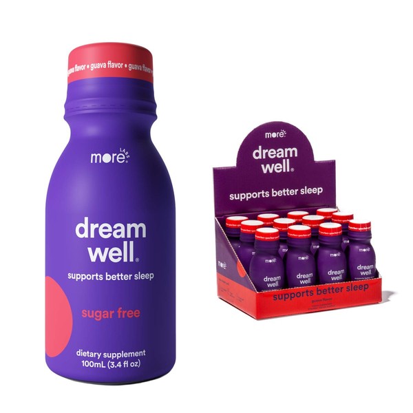 Dream Well by More Labs: Holistic Sleep Aid Solution - Non-Habit Forming, Caffeine Detox - Lemon Balm, Jujube Seed, Melatonin, Evodia rutaecarpa extract, Glycine - 3.4oz - No Sugar (Guava, 12-Pack)