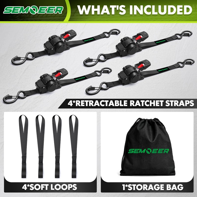 Retractable Ratchet Straps Heavy Duty with Soft Loops (4-Pack)