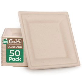 BERRY GREEN 50 Platos Cuadrados Chicos, 100% Compostables Material de Alta Calidad, Resistente a Los Liquidos, Ecológico, Hecho de Fibras de Caña de Azúcar de 16 x 16 cm (6 Pulgadas)