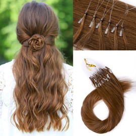 S-noilite 18Inch Micro Ring Loop Human Hair Extensions 50g 50 Strands Micro Bead Links Remy Hair Extension Pre Bonded Cold Fusion Microloop Hair Pieces Brazilian Hair #6 Light Brown