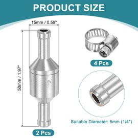 sourcing map 2Pcs 6mm (1/4") Fuel Check Valve, Non-Return One Way Hose Check Valve, Aluminum Alloy Control Accessories with Clamps for Petrol, Diesel, Gas, Oil, Air, Water, Silver