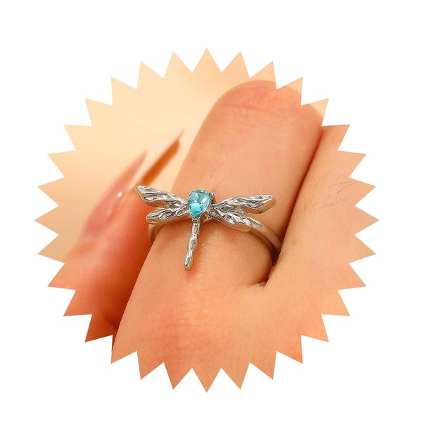 Allereyae Punk Sapphire Dragonfly Ring Dragonfly Crystal Ring Silver Dragonfly
