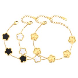 FUNIO 18K Gold Plated Clover Bracelet for Women Set - 3Pcs Four Leaf Bracelets Flower Lucky 4 Leaf Link Bracelet Jewelry Gift for Women Van Cleef (White+Black+Gold)
