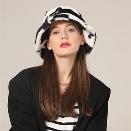 Fluffy Winter Hat for Women Warm Fisherman Hat Leopard Cow Print Faux Fur Comfortable and Cozy Winter Accessory, #2Black-Cow, Unit size