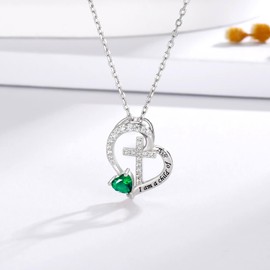 MANBU Sterling Silver Cross Necklace for Girls: Heart Birthstone I am a Child of God Pendant Religious Jewelry Baptism First Communion Confirmation Gifts for Teens (05-May)