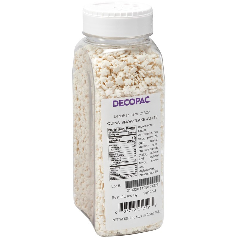 DecoPac White Snowflake Quins, 16.5oz, Fancy Sprinkles Shaped Like Snowflakes,