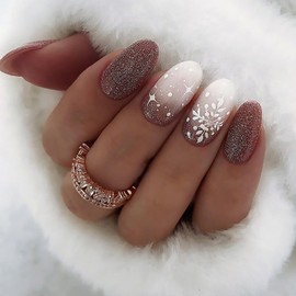 Christmas Press on Nails Oval Short Fake Nails White Light Red Gradient False Nails With Snowflake Star Designs Glitter Full Cover Stick on Nails Acrylic Winter Xmas Artificial Nails for Women 24Pcs