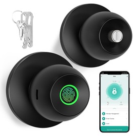 52HZ Fingerprint Door Knob with Lock, 3 in 1 Smart Finger Print Door Lock, Auto Lock, Tuya App Control & Key, Biometric Thumbprint Door Locks for Bedroom, Garage, Home & Office, Matte Black