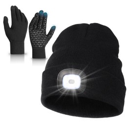 MELASA LED Beanie with Light Winter Gloves Set for Men Women, USB Rechargeable Headlamp Knit Hats, Touch Screen Fleece Lined Warm Gloves, Gifts for Men Dad Husband