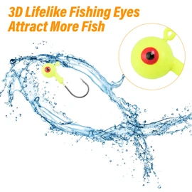 Alwonder 10 Pack Round Fishing Jig, Bass Ball Jigs 3D Eyes High Carbon Steel Jig Hooks Bass Lures Jig Heads Freshwater Saltwater Surf Fishing Jigs for Walleye Striper Pompano, Yellow-1/4oz
