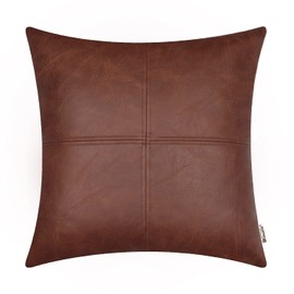 BRAWARM Faux Leather Throw Pillow Covers 22 X 22 Inches, Dark Brown Leather Pillow Cover, Hand Stitched Leather Decorative Pillow Cover for Couch Sofa Bed Living Room Home Garden