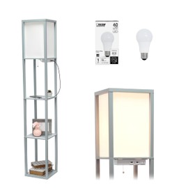 Simple Designs LF1037-GRY-LB Three Shelf Etagere Organizer Storage Floor Lamp with 2 Dual USB Ports and Charging Outlet, Gray, with Feit LED Bulb Included