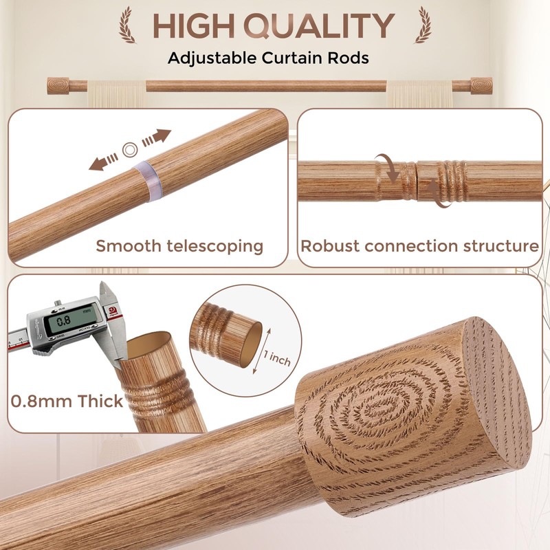 JRZOO Wood Curtain Rods, 1'' Decorative Adjustable Rustic Farmhouse Drapery