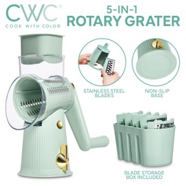 COOK WITH COLOR Rotary Cheese Grater with Handle - Counter Cheese Grater Suction Base with Hand Crank - 5 Blade Cheese Shredder - Easy to Use Manual Vegetable Chopper and Mandolin