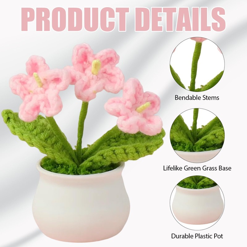 3pcs 4.3inch Crochet Flower Pot, Crocheted Flowers,Knitted Flower Bouquet,Crochet Desk