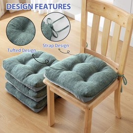 IPYNBAP Chair Cushions for Dining Chairs Set of 4, Kitchen Chair Cushions, Chair Pads with Ties Non Slip Backing, Christmas Room Decor, Tufted Memory Foam Seat Cushion 4 Pack, 15.5x15.5x4, Sage Green