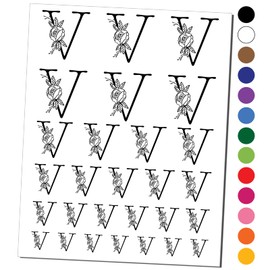 Rose Typewriter Font Capital Letter V Temporary Tattoo Water Resistant Fake Body Art Set Collection - Black (One Sheet)
