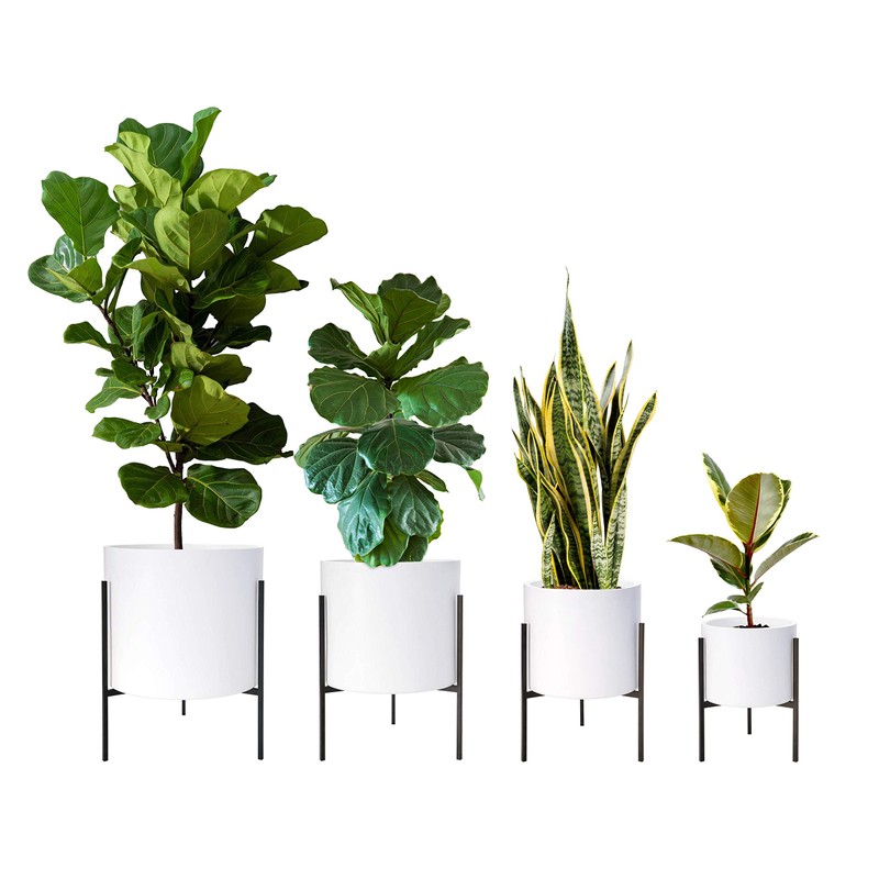 Modern White Plants Pot Cylinder Planter with Heavy Duty Stand,