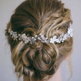 JONKY Bride Wedding Hair Vine Pearl Bride Hair Piece Leaf Wedding Headbands Flower Wedding Headpieces Crystal Bridal Hair Accessories for Women (Silver)