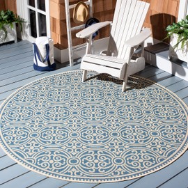 SAFAVIEH Beach House Collection 6'7" Round Cream/Blue BHS134N Indoor/ Outdoor Non-Shedding Easy Cleaning Patio Backyard Porch Deck Mudroom Area Rug