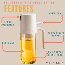 PREMIUS Glass Oil Sprayer Bottle, 8.45 Ounces, Thumb Pump with Easy Handle, Sprayer Dispenses a Fine Mist With Each Pump, Perfect for Healthier & Tastier Cooking, Natural