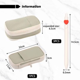 1 Retractable Pencil Case with Large Capacity and 3 Gel Pens, Canvas Pencil Case, Stationery for Students, Pencil Case for Girls, School Supplies