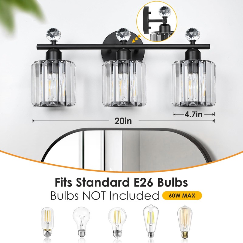 Modern 3 Light Crystal Vanity Light,Black Vertical Bathroom Light Fixture