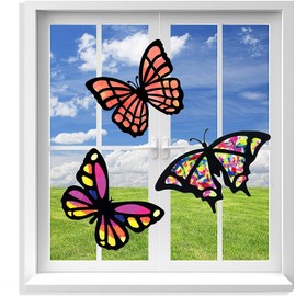 VHALE Suncatcher Kit for Kids, 3 Sets of Stained Glass Effect Paper Suncatchers (9 Cutouts, 27 Tissue Papers), Window Art, Classroom Arts and Crafts, Great Travel Toys, Party Favors (Butterfly)