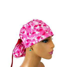Turn Up Ponytail Medical Scrub Cap - Pink Flamingo Allover. - Bouffant Scrub Hats, Unisex Surgical Caps, Dr. Hats, Nurses Hats. Scrub Hat for Women & Men tie Back | Working Cap with Holder