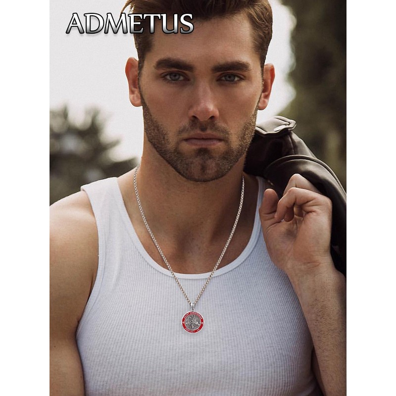ADMETUS Red St Christopher Necklace Mens Sterling Silver St Christopher