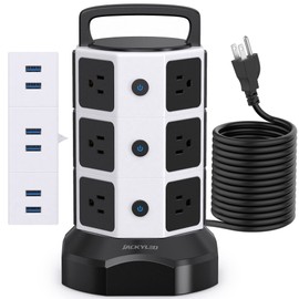 【10ft】 Power Strip Tower JACKYLED Surge Protector Electric Charging Station with 13A 12 Outlets 6 USB Ports Heavy Duty Extension Cord for Home Office Computer Nightstand Laptop Phone White Black