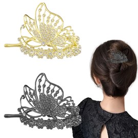 2PCS Butterfly Hair Barrettes for Women, Elegant Gold HairBun Claws Clip Metal Hair Clips with Rhinestone Bridesmaid Hair Styling Accessories for Wedding