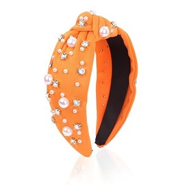 Orange Headband for Women Pearl Knotted Headband Sparkly Rhinestone Pearls Top Knotted Headbands Fashion Accessories Cute Hair Bands for Women Girls
