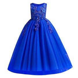 Flower Girl Lace Dress for Kids Wedding Bridesmaid Pageant Party Prom Formal Ball Gown Princess Puffy Tulle Dresses Royal Blue 13-14 Years