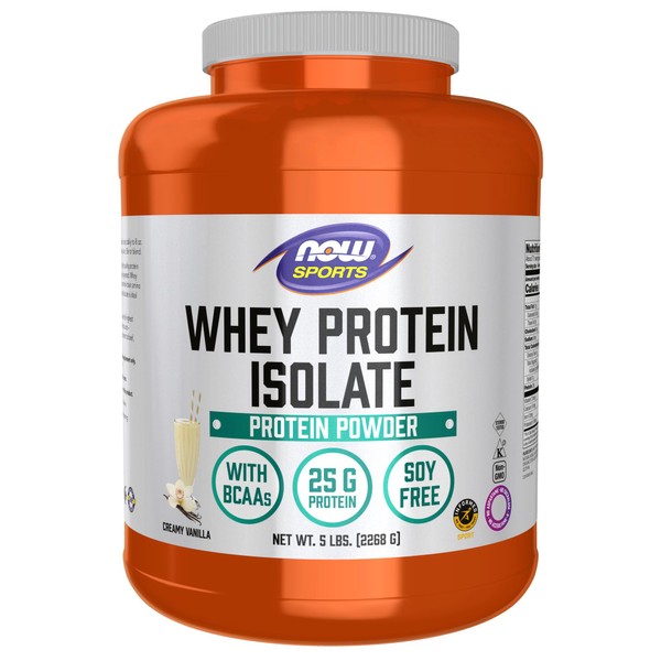 NOW Sports Nutrition, Whey Protein Isolate, 25 g With BCAAs, Creamy Vanilla Powder, 5-Pound