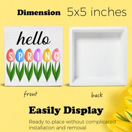 Spring Decor Hello Spring Tulip Wooden Sign, Farmhouse Home Decorations Wood Plaque Block Sign Rustic Desk Decor 5 x 5 Inches