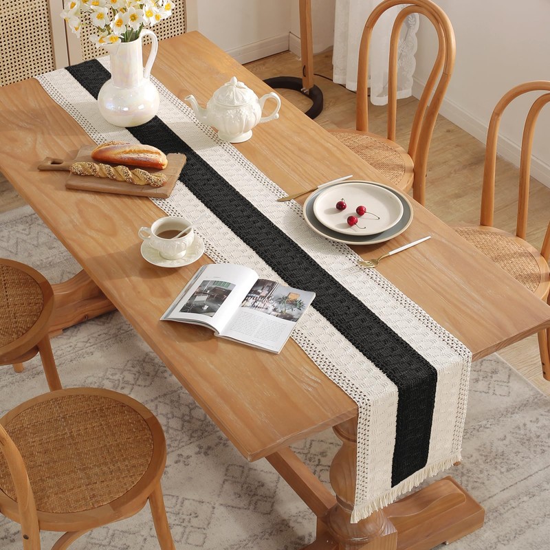 Black Table Runner Boho Table Runner with Tassels 180x30 cm