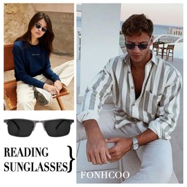 FONHCOO Reader Sunglasses Women and Men, Spring Hinge Sun Readers Glasses, Metal Half Frame Reading Sunglasses UV400 Protection (Grey 3.0)