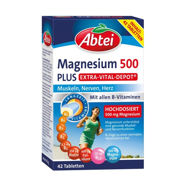 Abtei Magnesium 500 Plus Extra Vital Depot - High Dose - with All B Vitamins - for Muscles, Nerves and Heart - Laboratory Tested, Vegan - 42 Tablets