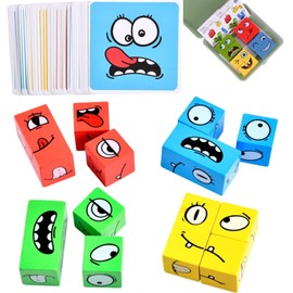 QHFlashbuy Wooden Cube Puzzle Toy, Expression Wooden Cube Puzzle, IQ Puzzle Interaction Game, Montessori Learning Toy for Children, Face Changing, Thinking Training, Wooden Toy