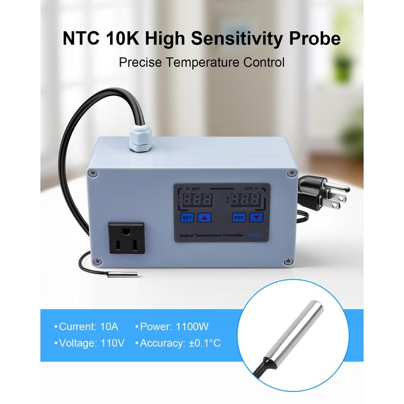 1100W Digital Temperature Controller, 110V 10A Thermostat Switch with Waterproof