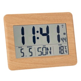 TFA Dostmann Digital Wall Clock, 60.4519, Radio-Controlled Clock with Indoor Temperature, Day of the Week (8 Languages), Date, Time Zone Setting, Plastic, (L) 215 x (W) 160 x (H) 26 (68) mm (Wood