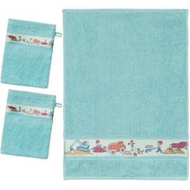 Erwin Müller Walk-Frottier Children's Wash Mitt Pack of 2 with Construction Site Border Turquoise Size 16 x 21 cm - Quick Drying and Extra Absorbent