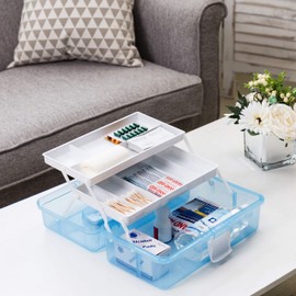 MyGift Transparent Blue Plastic Multipurpose Portable Storage Box - Sewing Box, Tool Box, First Aid Kit and Craft Supplies Organizer Case with Latching Lid, Handle and 2 Expandable Trays