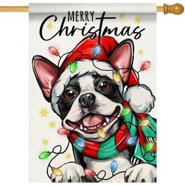 Stosts Merry Christmas Boston Terrier Dog Decorative House Flag, Xmas Pet Garden Yard Outside Decor Dog Lover Gifts, Winter Holiday Burlap Outdoor Large Home Decoration Double Sided 28 x 40