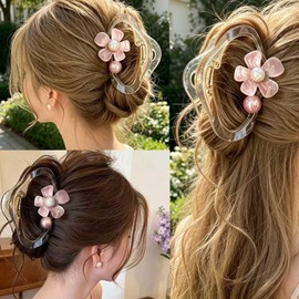 Hair Claw Clip Transparent Brown Pink Flower Pearl Hair Grip Medium Floral Shark Hair Clip for Women Elegant Non Slip Hair Clamp Daily Office Picnic Casual Hair Accessories