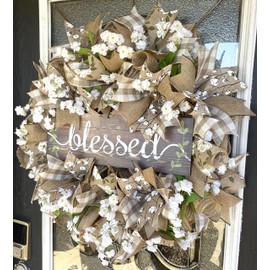 Southern Charm! Blessed Magnolia & Cotton, Deco Mesh Front Door Wreath, Farmhouse Farm Style Decor, Porch Patio Decoration, Fall, Spring, Summer, Everyday Wedding Decor
