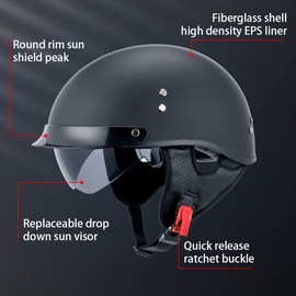 Myamis Half Helmet Motorcycle Men Women Adult Dot Certified Fiberglass Half Shell Vintage Motorcycle Helmet MH03( Matte Black,M)